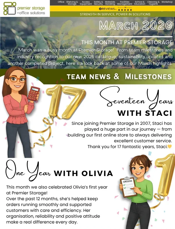 March 2026 Monthly Round Up slide introducing company highlights, including team milestones celebrating Staci’s 17 years and Olivia’s first year at Premier Storage.