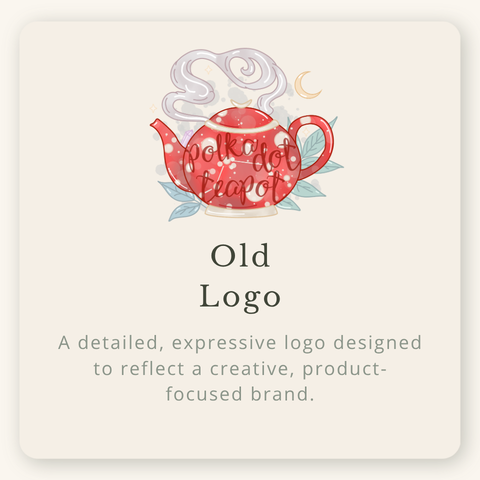 Old Polka Dot Teapot logo displayed on a soft neutral card, featuring a detailed illustrated teapot design representing a creative product-based brand