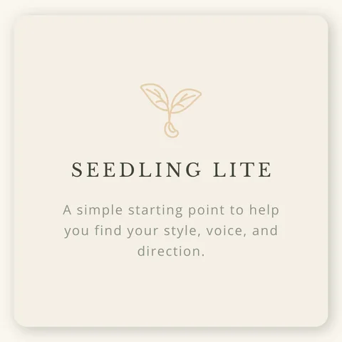 Seedling Lite package card with soft neutral background, sprout icon and text describing a simple starting point for brand voice and content direction
