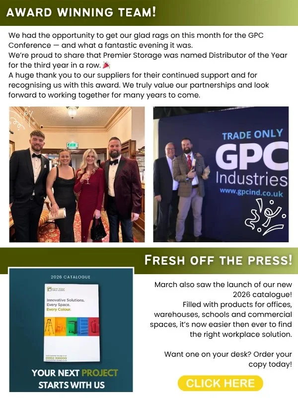 Monthly Round Up slide highlighting Premier Storage’s award win at the GPC Conference and the launch of the 2026 catalogue, including event photos and promotional content.