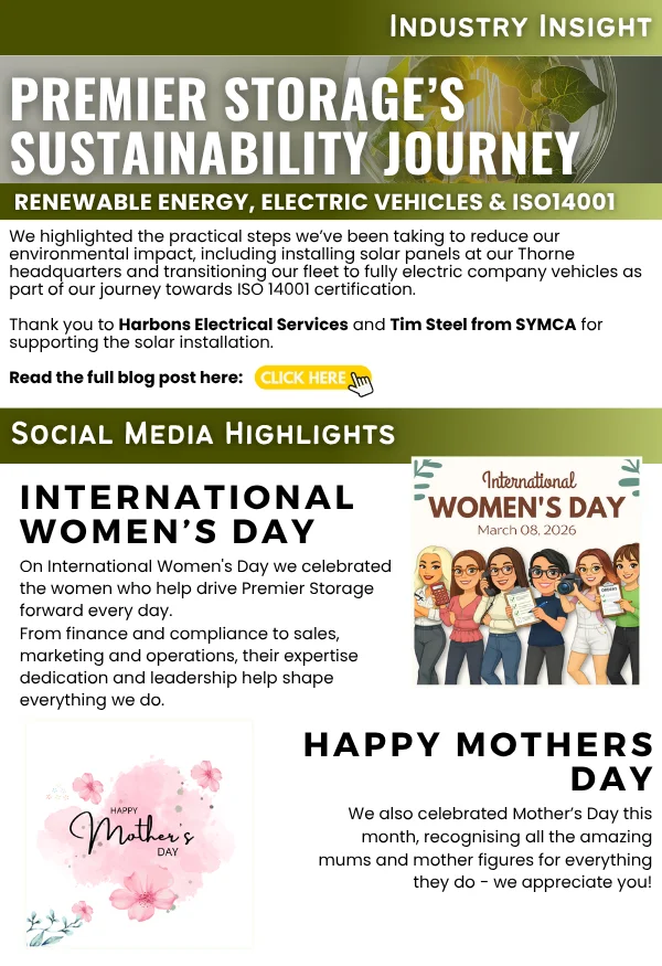 Monthly Round Up slide showcasing sustainability initiatives such as renewable energy and electric vehicles, alongside social media highlights for International Women’s Day and Mother’s Day.