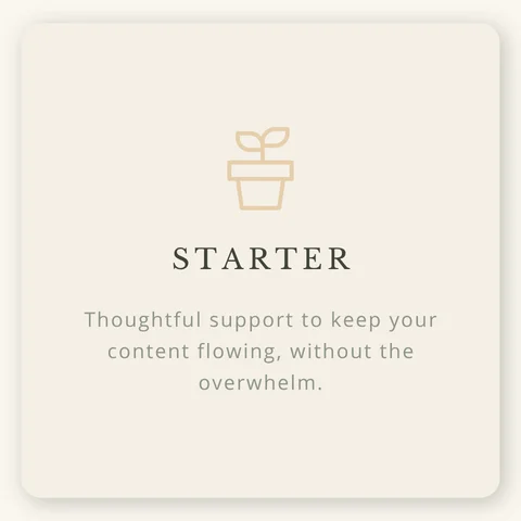 Starter package card with potted plant icon and text describing light, consistent content support for small businesses