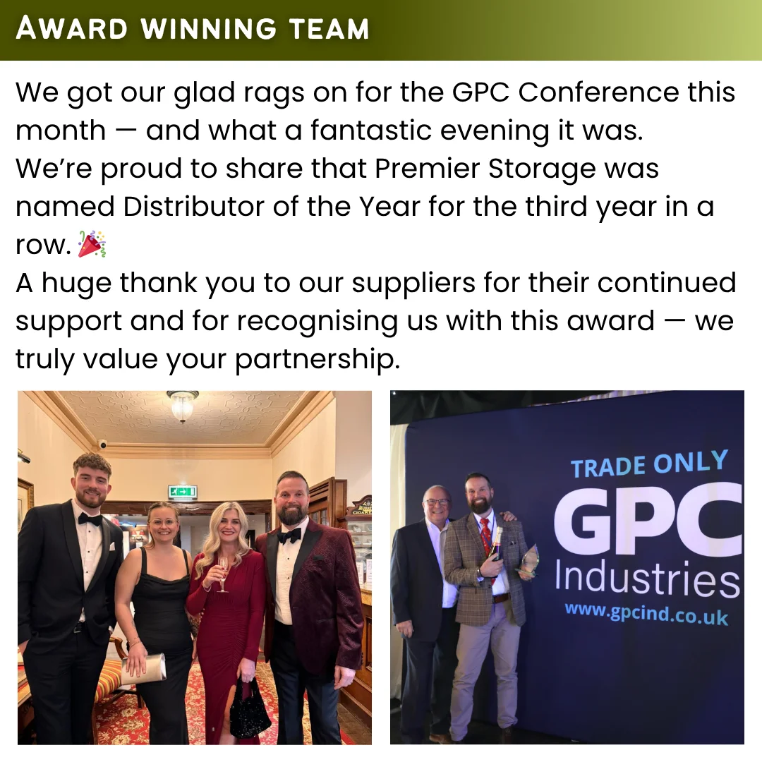 Premier Storage team attending the GPC Conference and celebrating winning Distributor of the Year, with event photos of staff in formal attire.