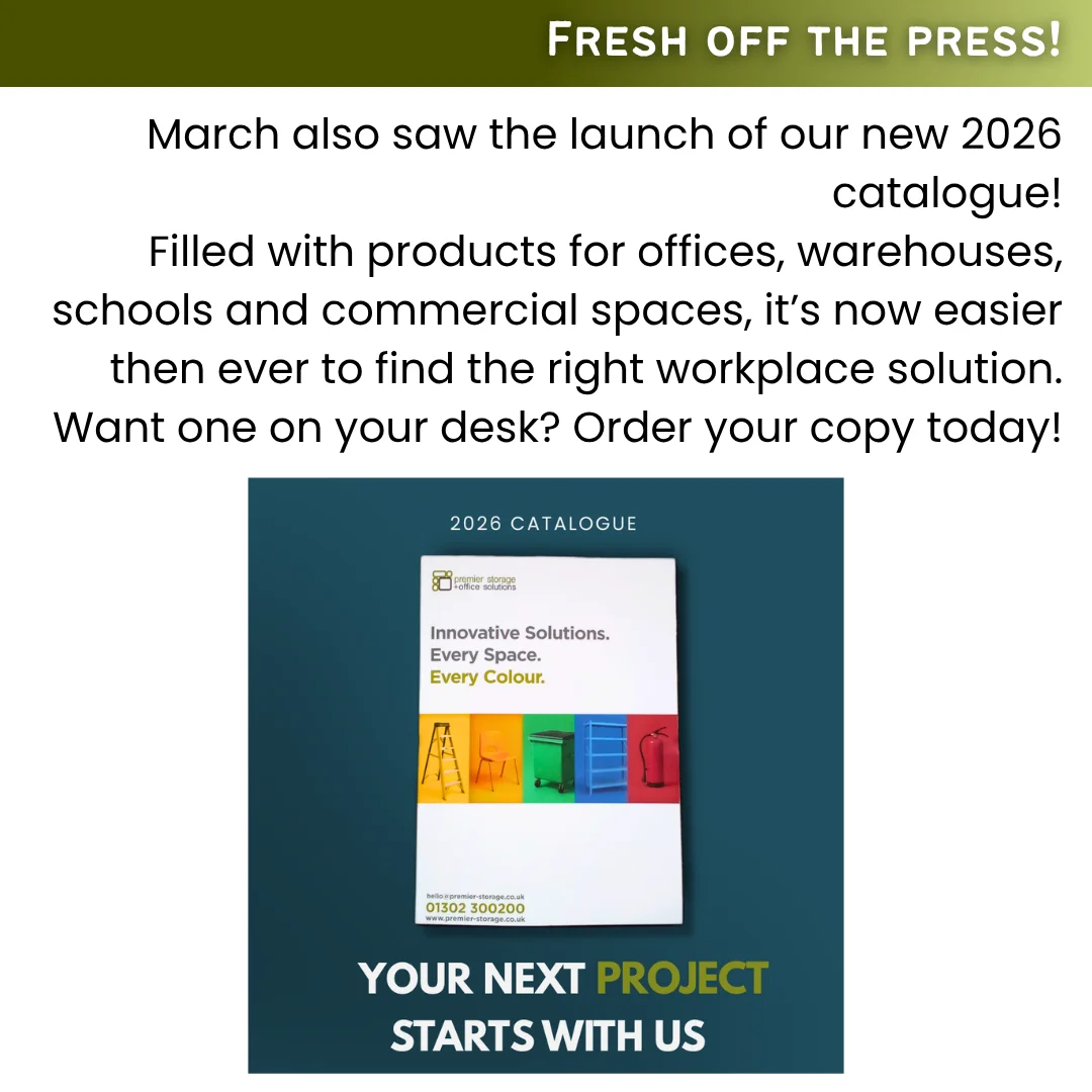 Promotional graphic for Premier Storage’s 2026 catalogue launch, showcasing workplace products and encouraging customers to order a copy.