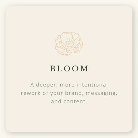 Bloom package card with floral icon and text describing a full brand and content refresh with deeper strategic support