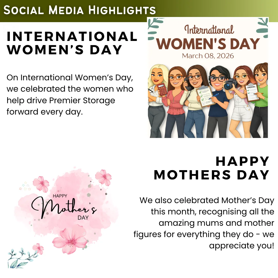 Social media highlights graphic featuring International Women’s Day and Mother’s Day posts celebrating team members and community values.