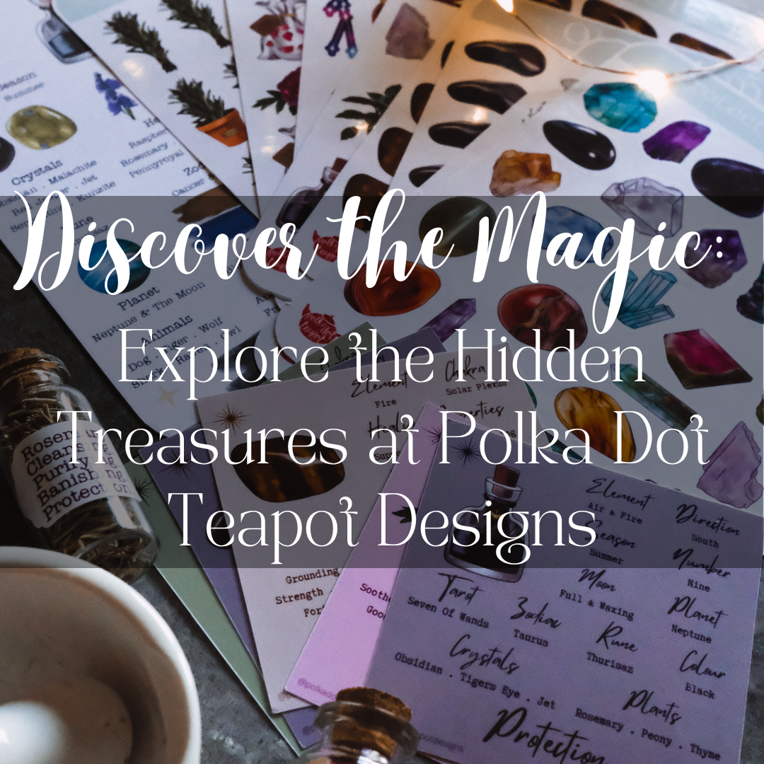 Discover the Magic promotional post showing Polka Dot Teapot Designs crystal cards and illustrated sticker sheets with mystical themed styling