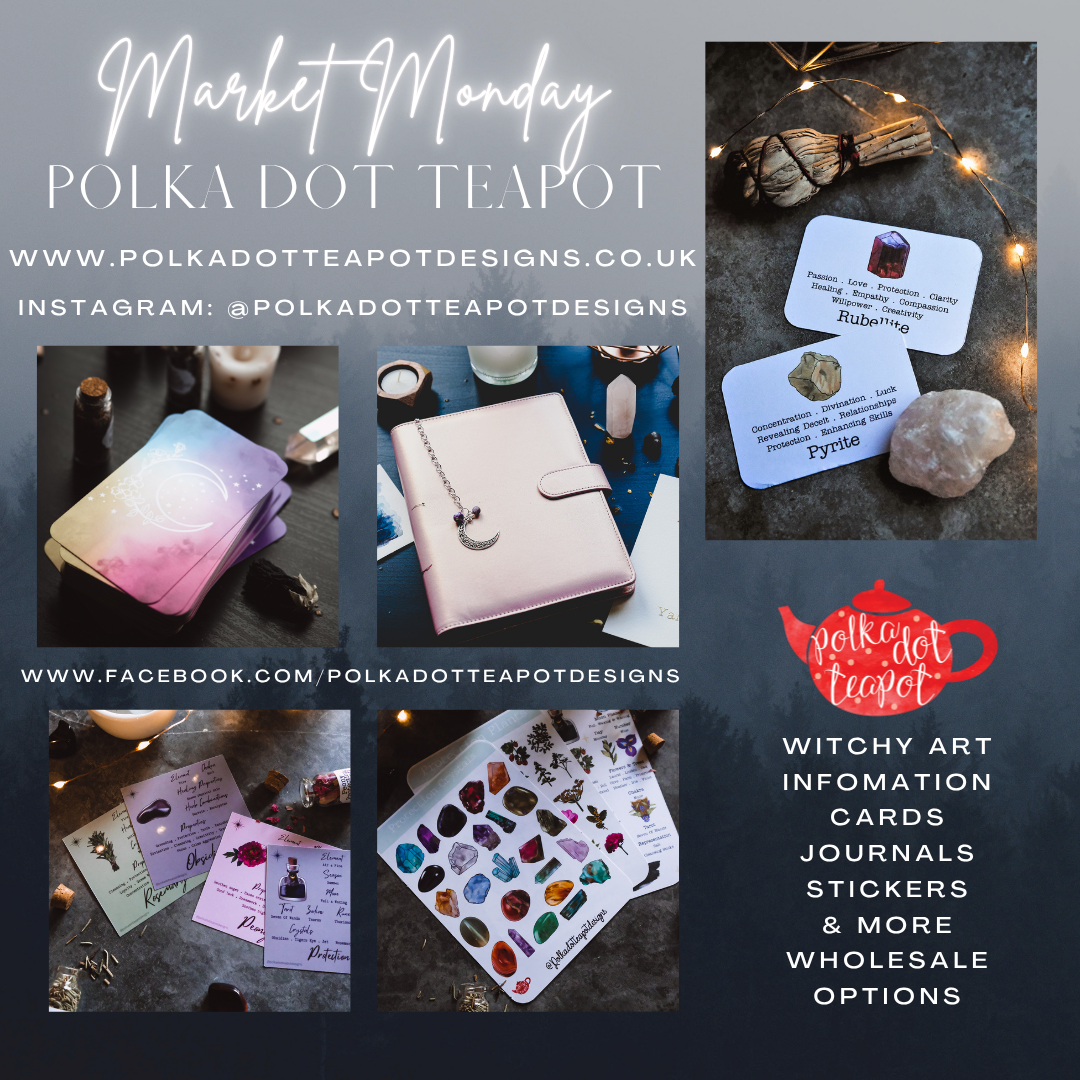 Market Monday promotional graphic for Polka Dot Teapot Designs featuring product photography of crystal cards, journals and accessories