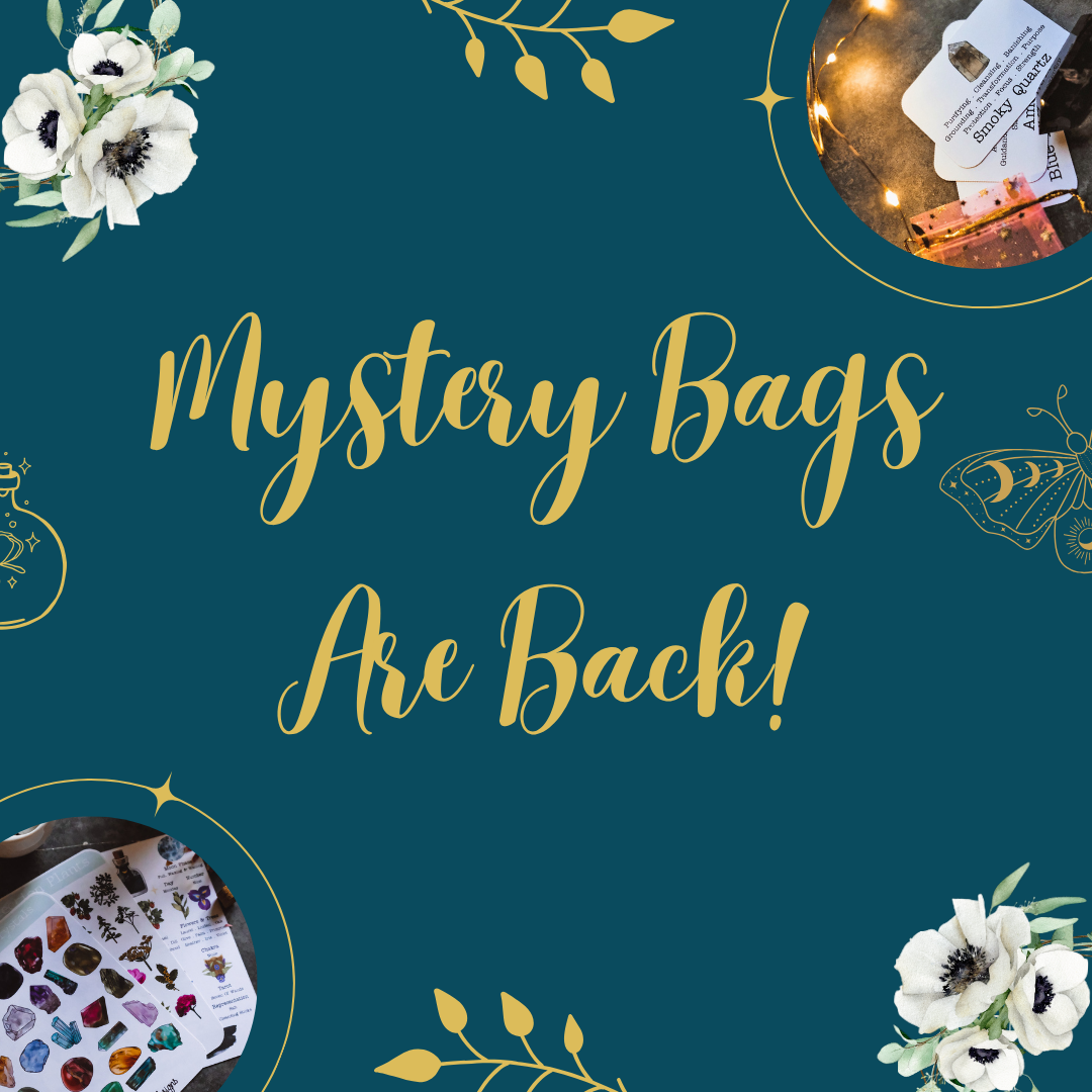 Mystery Bags Are Back promotional post with teal background, gold typography and product imagery from Polka Dot Teapot Designs