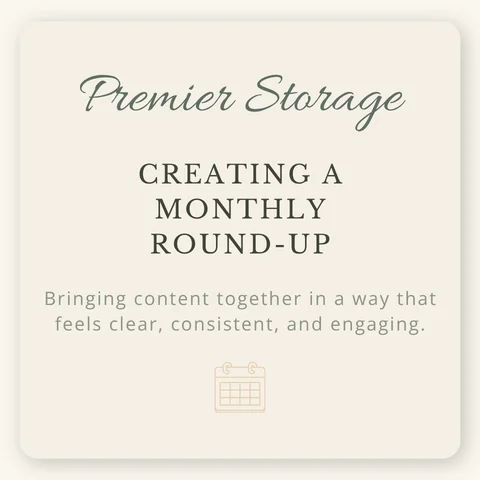 Minimalist portfolio cover graphic for Premier Storage Monthly Round Up, featuring soft neutral tones and elegant typography describing a monthly content series project.