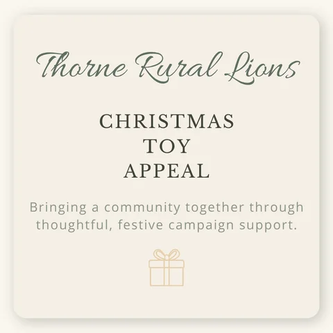 Thorne Rural Lions Christmas Toy Appeal campaign graphic with festive message about community support.