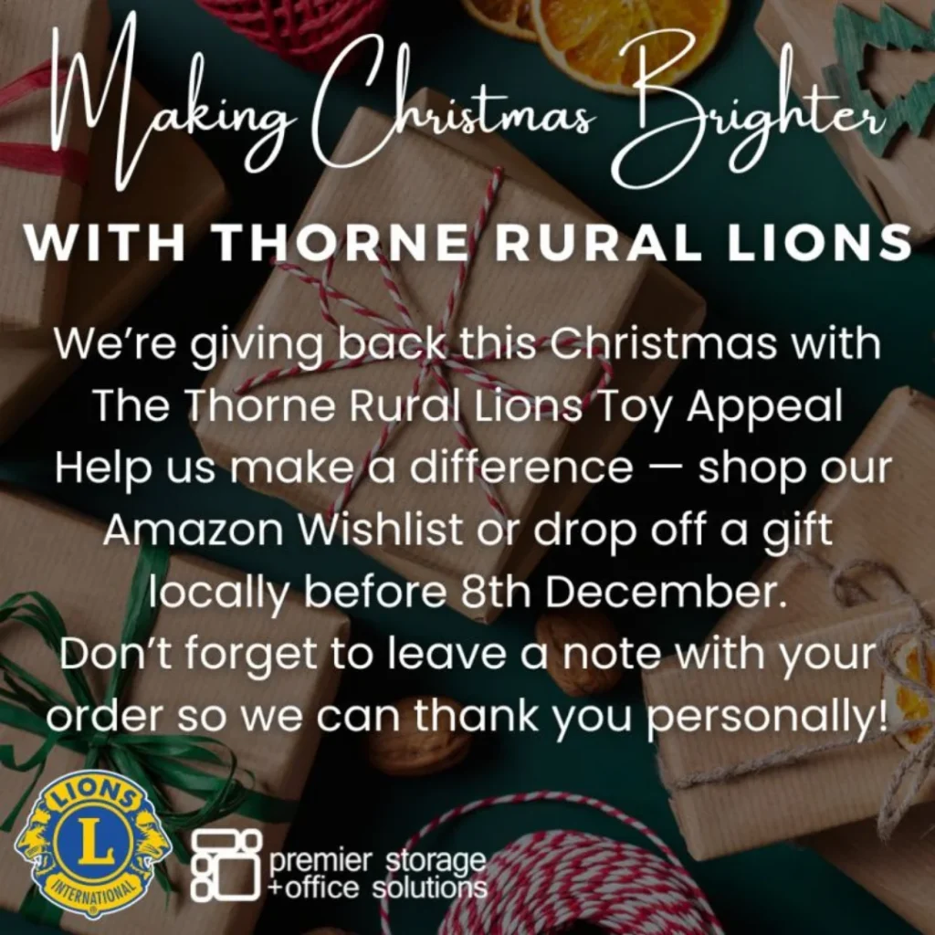 Festive social media graphic promoting the Thorne Rural Lions Toy Appeal, with wrapped presents, greenery, and messaging encouraging donations via Amazon Wishlist or local drop-off.