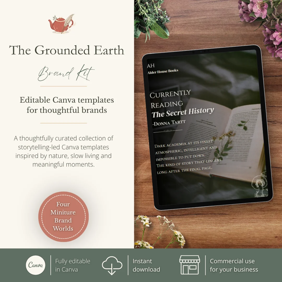 Preview of The Grounded Earth Collection Brand Kit featuring editable Canva templates for thoughtful brands inspired by nature, slow living and meaningful storytelling.