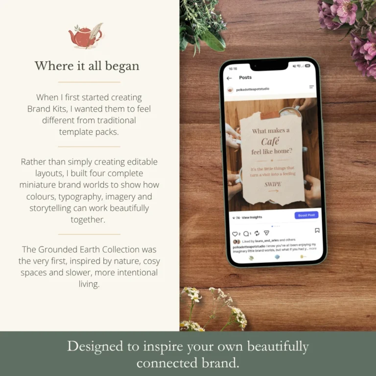 Preview guide page explaining the inspiration behind The Grounded Earth Collection, featuring a mock-up Instagram post and the story behind the miniature Brand World concept.