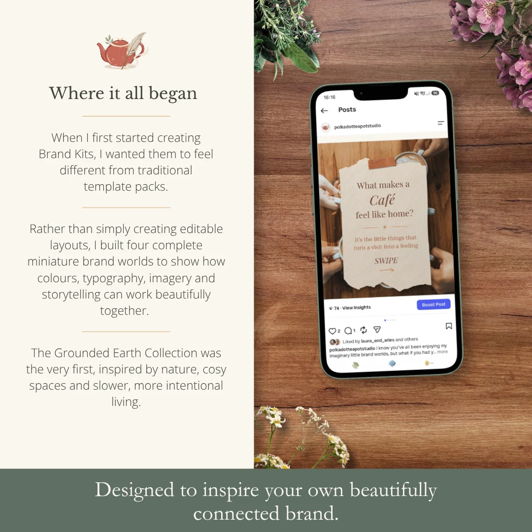 Preview guide page explaining the inspiration behind The Grounded Earth Collection, featuring a mock-up Instagram post and the story behind the miniature Brand World concept.