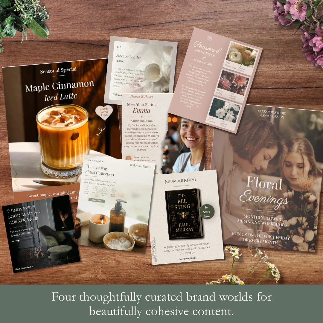Selection of editable Canva social media templates from The Grounded Earth Collection, showcasing café, florist, wellness and bookshop branding examples.