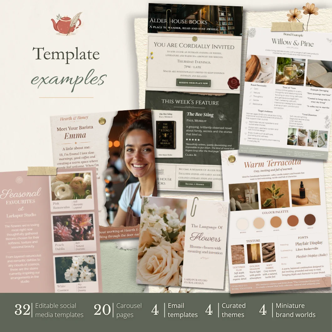 Creative template examples from The Grounded Earth Collection featuring café branding, floral content and editorial layouts