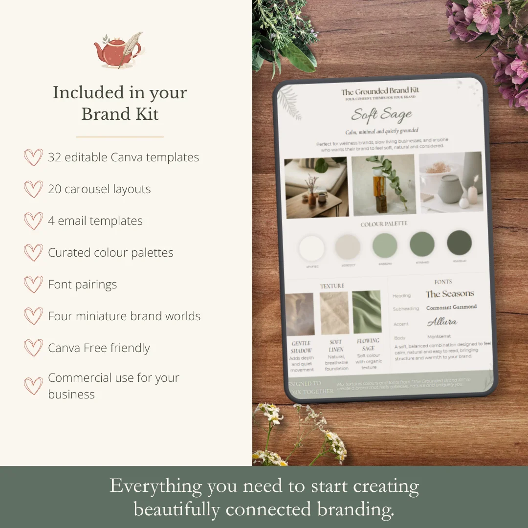 Preview of The Grounded Earth Brand Kit showing editable Canva templates, carousel layouts, email templates, curated colour palettes, font pairings and four miniature Brand Worlds.
