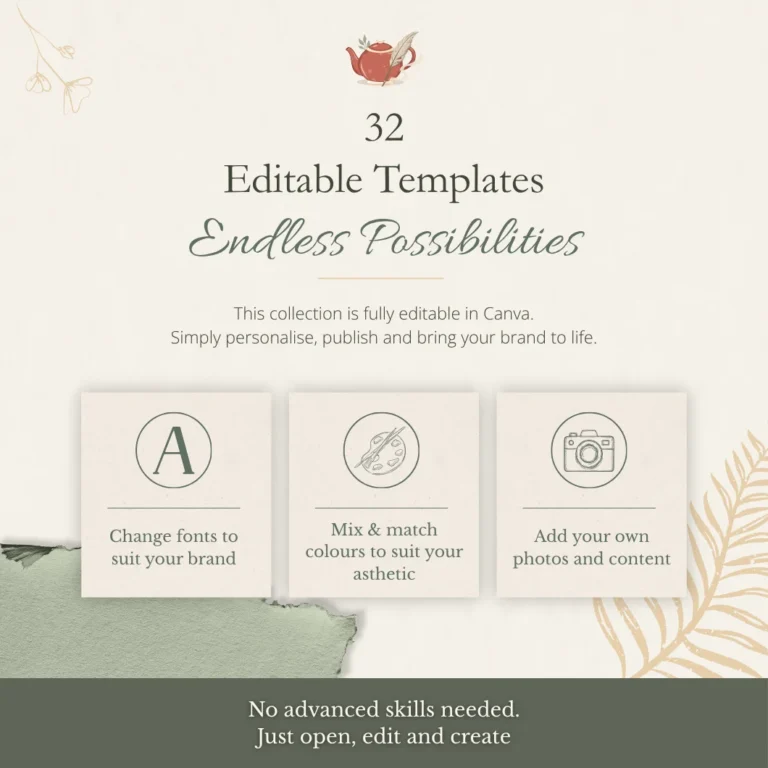 Editable Canva template features showing fully customisable branding and social media content layouts