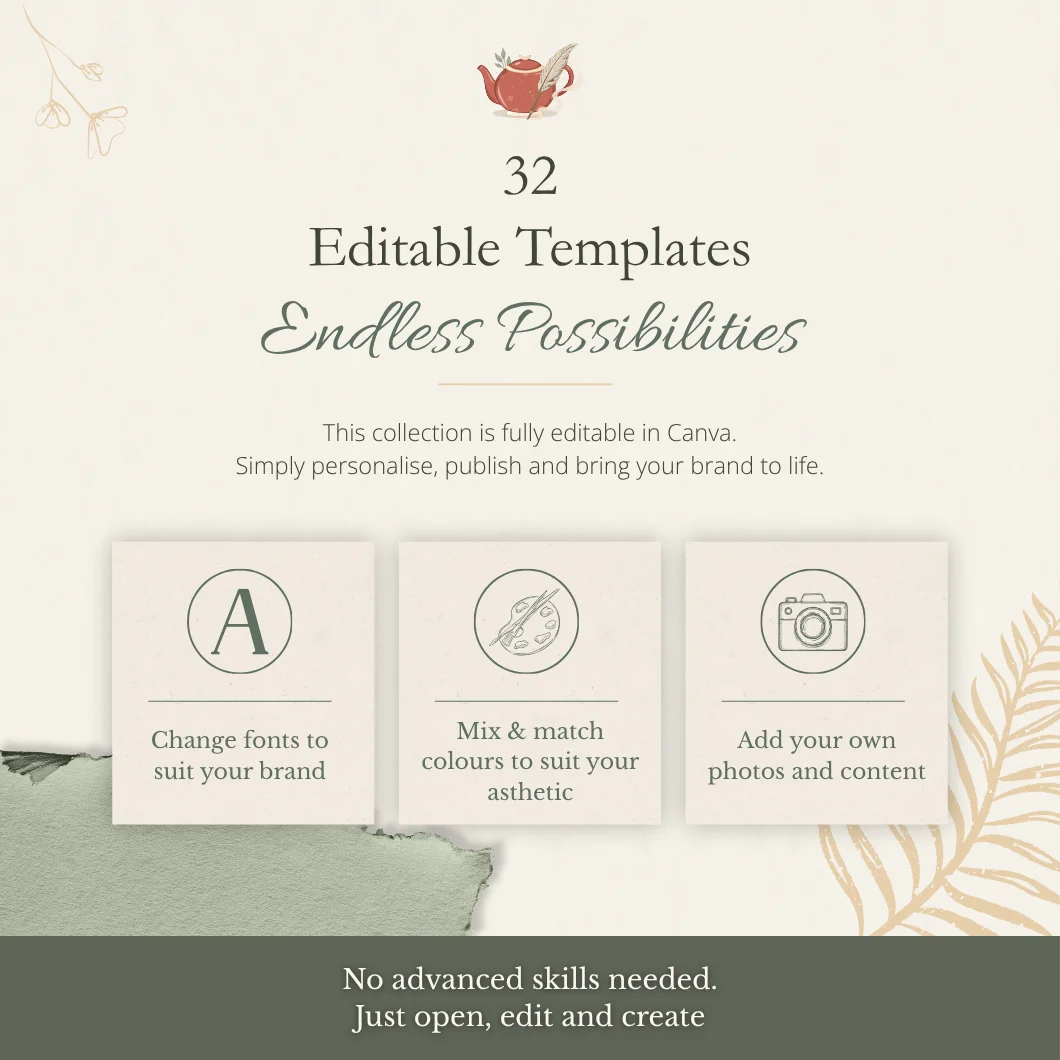 Editable Canva template features showing fully customisable branding and social media content layouts