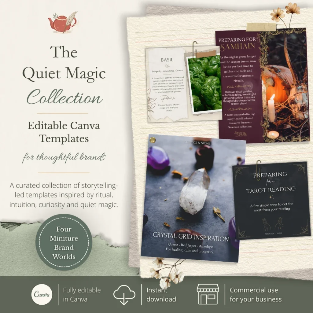 Promotional graphic for The Quiet Magic Collection showing editable Canva templates for thoughtful brands, with layered template previews, a muted sage and cream colour palette, and a badge highlighting four miniature brand worlds.