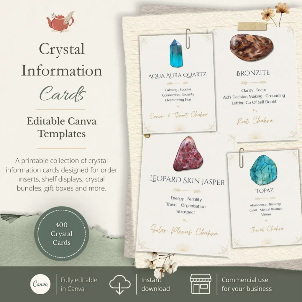 Crystal information card collection with hand-illustrated crystal cards and instant download details