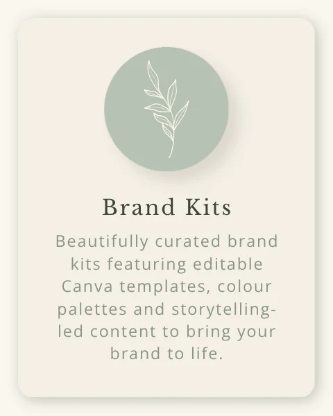 Brand Kits category card with a botanical icon and information about editable Canva branding templates, colour palettes and storytelling-led content.