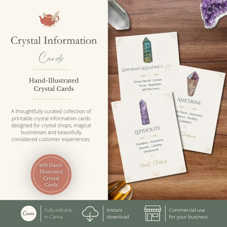 Cover image for the Crystal Information Cards collection showing editable Canva crystal information cards with hand-illustrated crystals for crystal shops and magical small businesses.