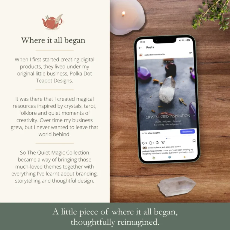 The story behind The Quiet Magic Brand Kit, inspired by the original Polka Dot Teapot Designs and reimagined as four miniature brand worlds.