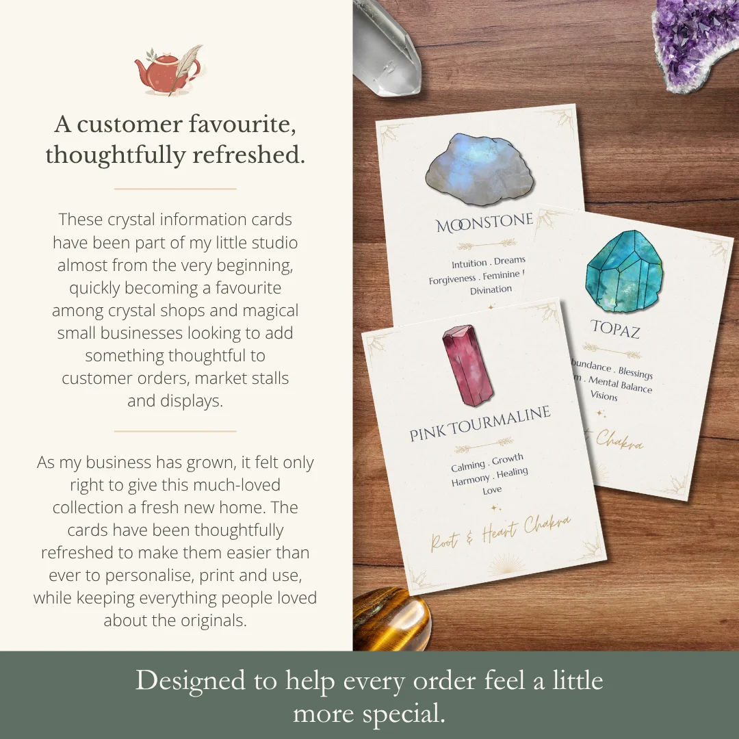 Overview of what's included in the Crystal Information Cards collection, featuring 400 editable crystal cards, Canva print templates, commercial licence and hand-illustrated crystal artwork.