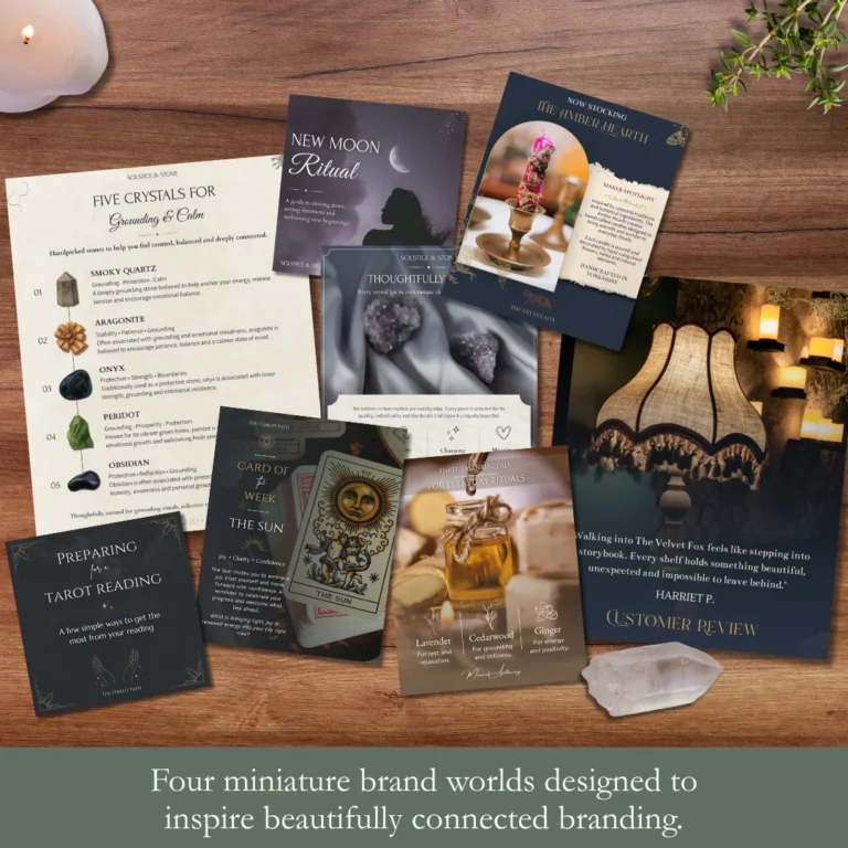Examples of Canva templates included in The Quiet Magic Brand Kit, featuring mystical branding, social media posts, carousel designs and storytelling-led marketing content.