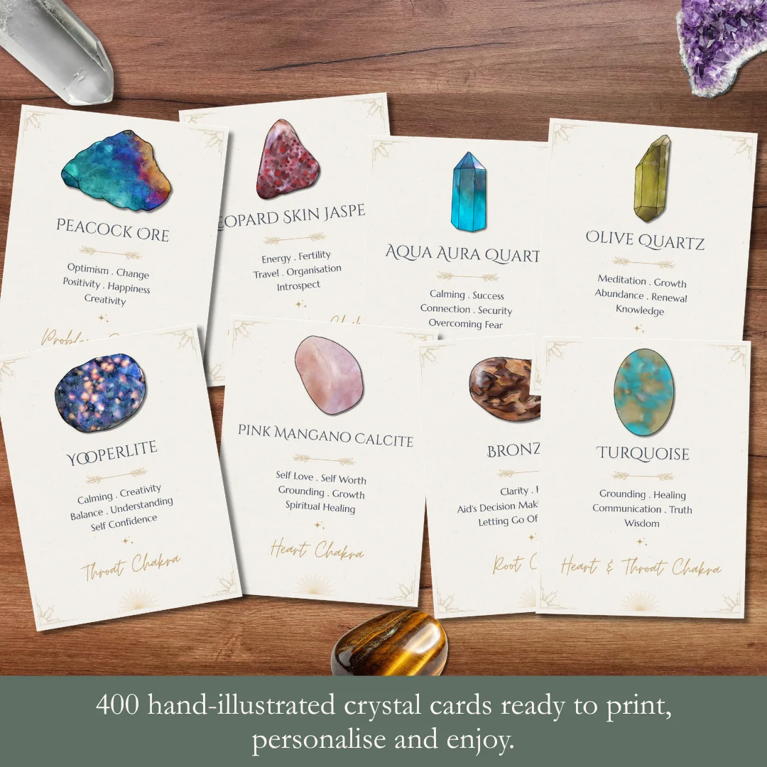 Story page for the Crystal Information Cards collection explaining how this customer favourite has been thoughtfully refreshed for crystal shops and magical businesses.