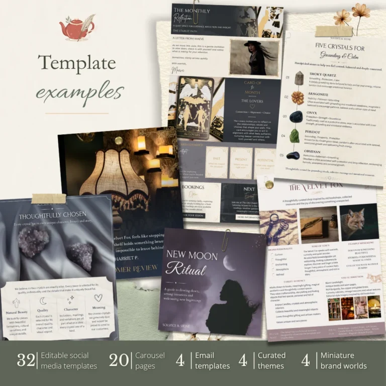 Template examples from The Quiet Magic Collection, showing mystical and storytelling-led Canva designs including a tarot-inspired email, a crystal guide, a curiosity shop review, a ritual post and brand example pages.