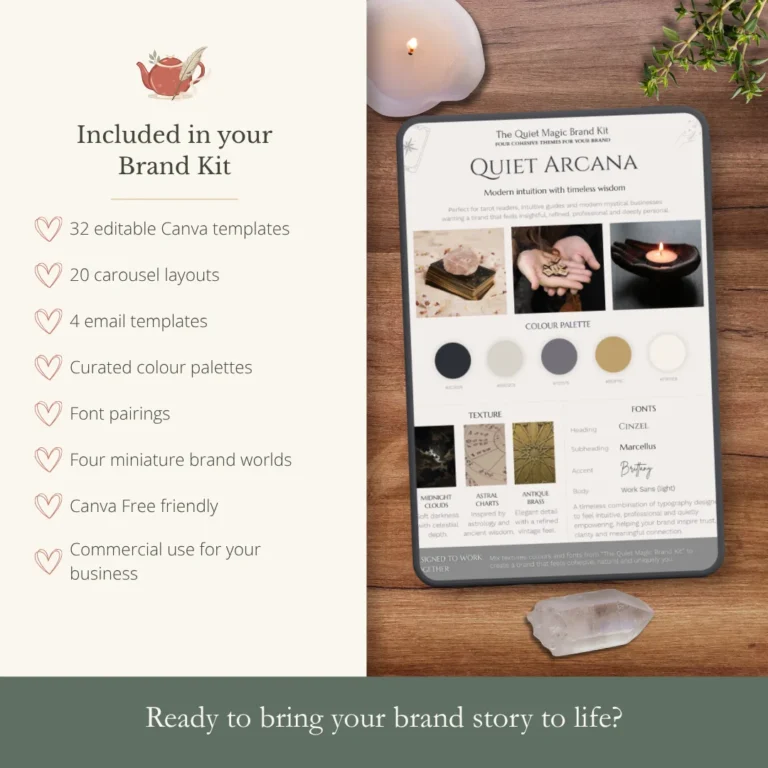 Overview of everything included in The Quiet Magic Brand Kit, including editable Canva templates, carousel layouts, email templates, colour palettes and four miniature brand worlds.