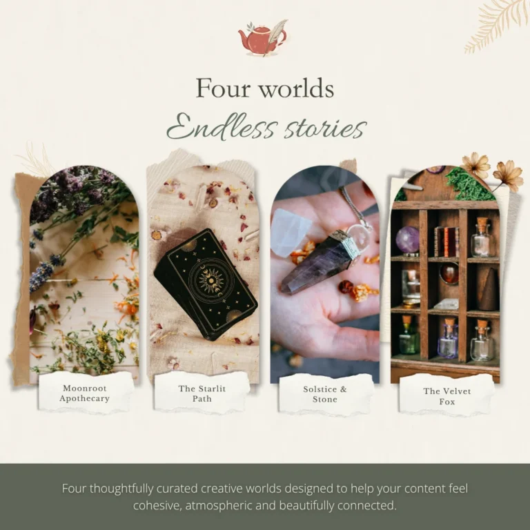 Graphic introducing the four brand worlds inside The Quiet Magic Collection: Moonroot Apothecary, The Starlit Path, Solstice & Stone and The Velvet Fox, shown through atmospheric imagery of herbs, tarot, crystals and curiosities.
