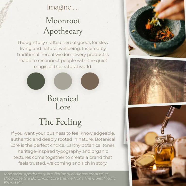 Brand board for the fictional herbal brand Moonroot Apothecary, featuring the Botanical Lore theme with earthy botanical colours, herbal ingredients and nature-inspired imagery.