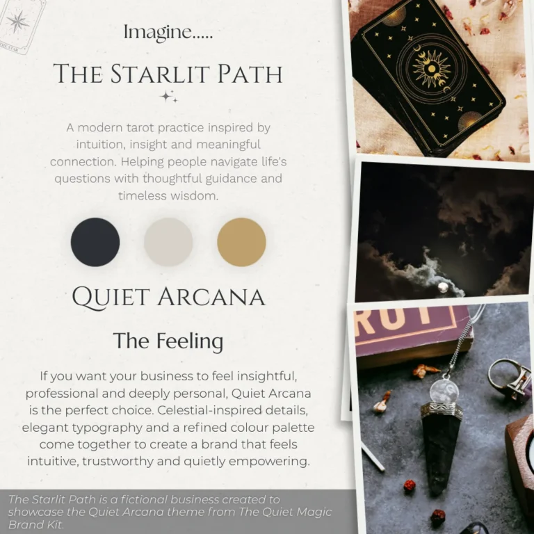 Brand board for the fictional tarot business The Starlit Path, showcasing the Quiet Arcana theme with celestial details, tarot imagery and refined mystical styling.