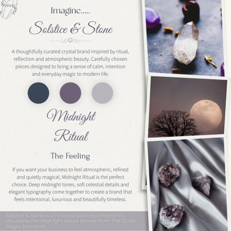 Brand board for the fictional crystal brand Solstice & Stone, featuring the Midnight Ritual theme with deep twilight tones, crystals, moonlit imagery and elegant celestial details.