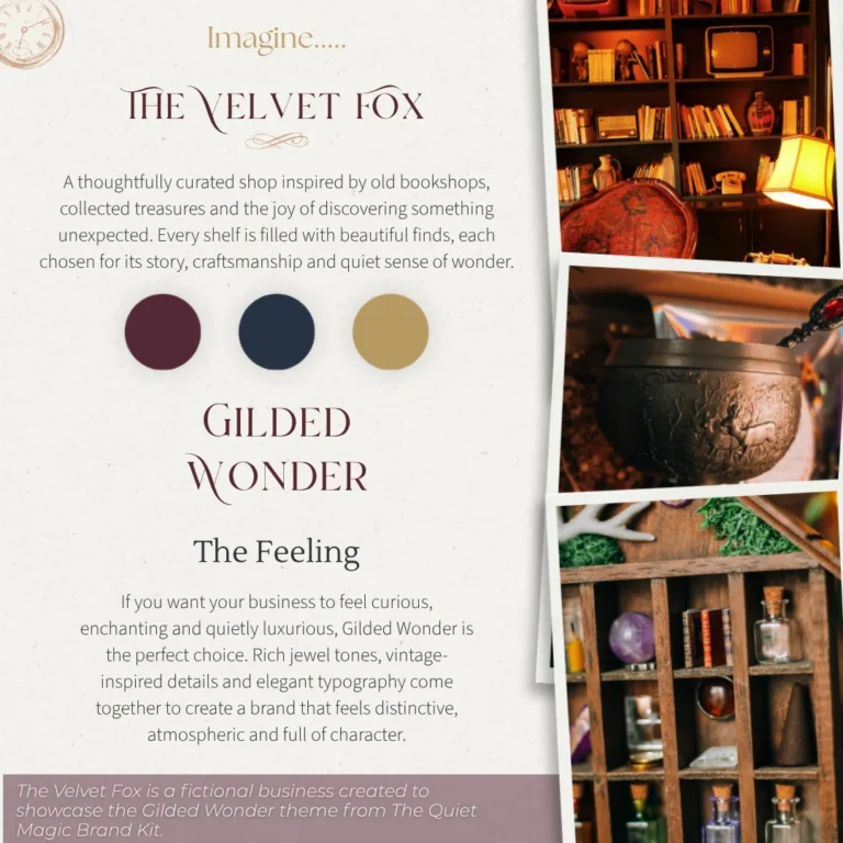 Brand board for the fictional curiosity shop The Velvet Fox, showcasing the Gilded Wonder theme with rich jewel tones, antique books, vintage treasures and atmospheric imagery.