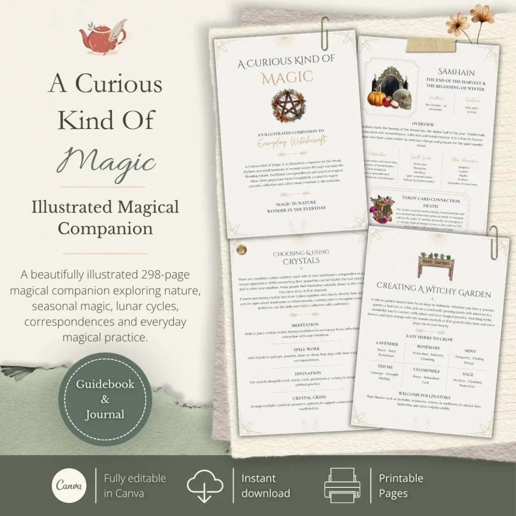 A Curious Kind of Magic illustrated magical companion showing sample pages for Samhain, crystals and creating a witchy garden.