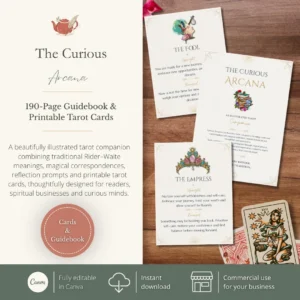 Illustrated tarot companion featuring a 190-page guidebook, printable tarot cards and editable Canva templates for tarot readers and spiritual businesses.