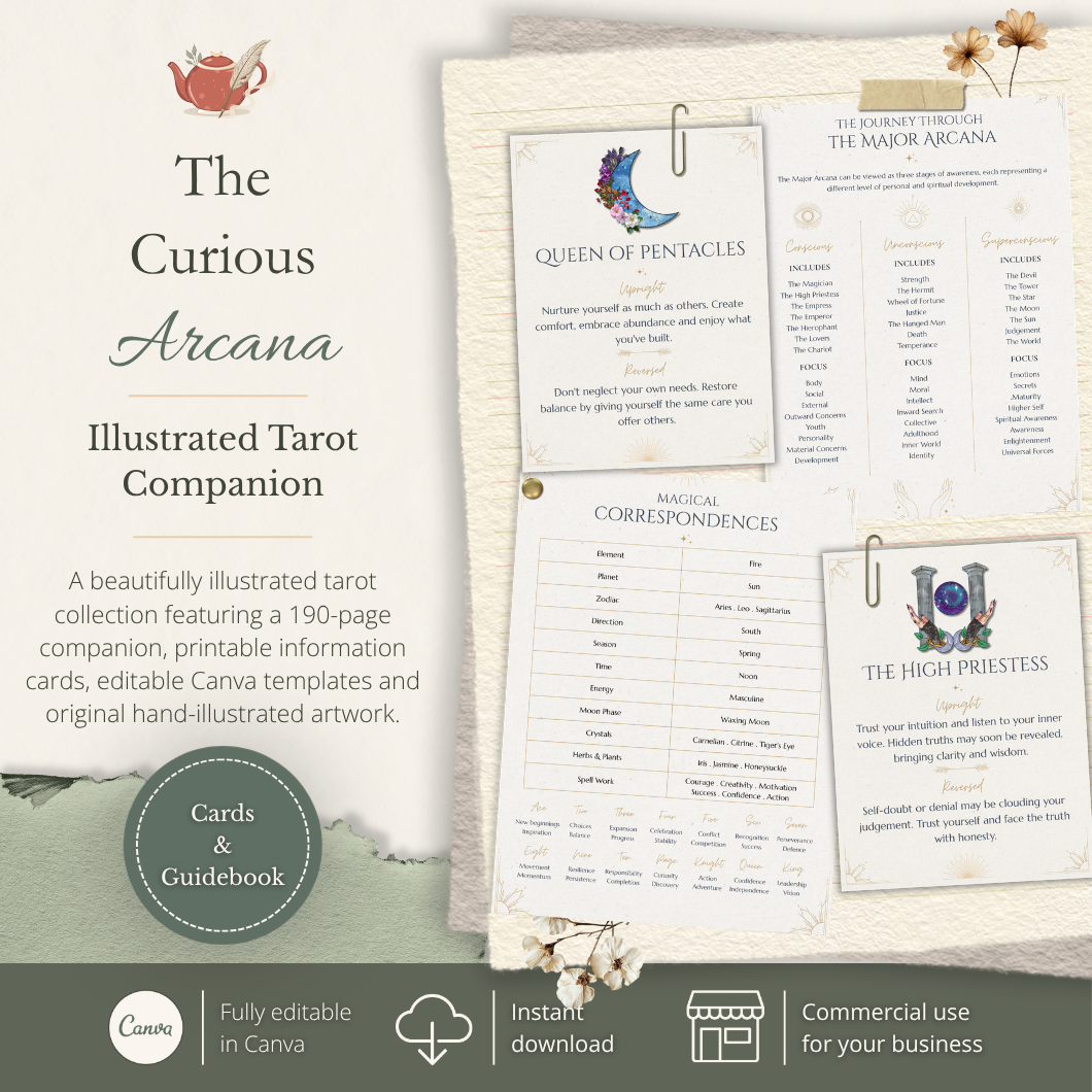 Promotional image for The Curious Arcana illustrated tarot companion featuring printable tarot information cards, a 190-page guidebook, editable Canva templates and original hand-illustrated artwork.