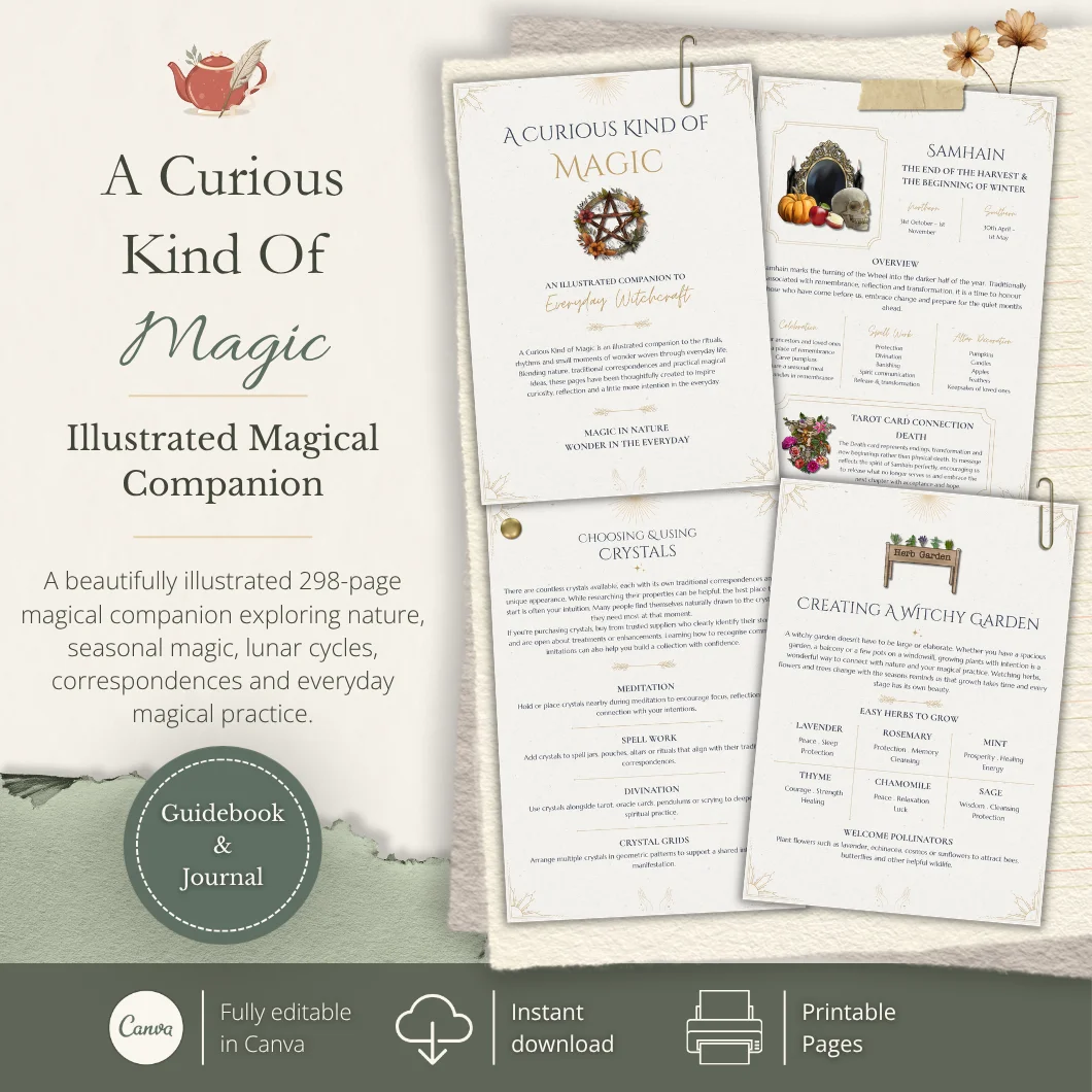 A Curious Kind of Magic illustrated magical companion showing sample pages for Samhain, crystals and creating a witchy garden.
