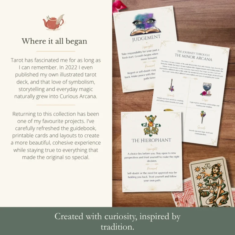 Illustrated tarot guidebook and printable tarot cards with original artwork, inspired by the creator's long-standing passion for tarot and symbolism.