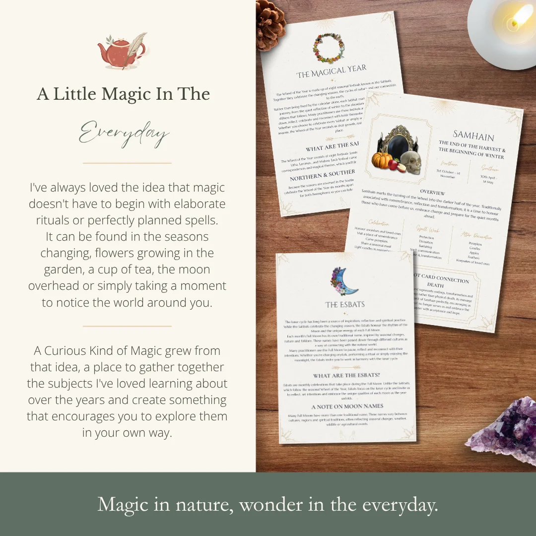 A Curious Kind of Magic witchcraft companion featuring illustrated pages about the Wheel of the Year, Samhain and Esbat moon traditions.