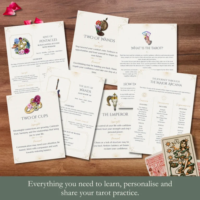 Preview of the Curious Arcana collection showing illustrated tarot cards, guidebook pages, magical correspondences and printable learning resources.