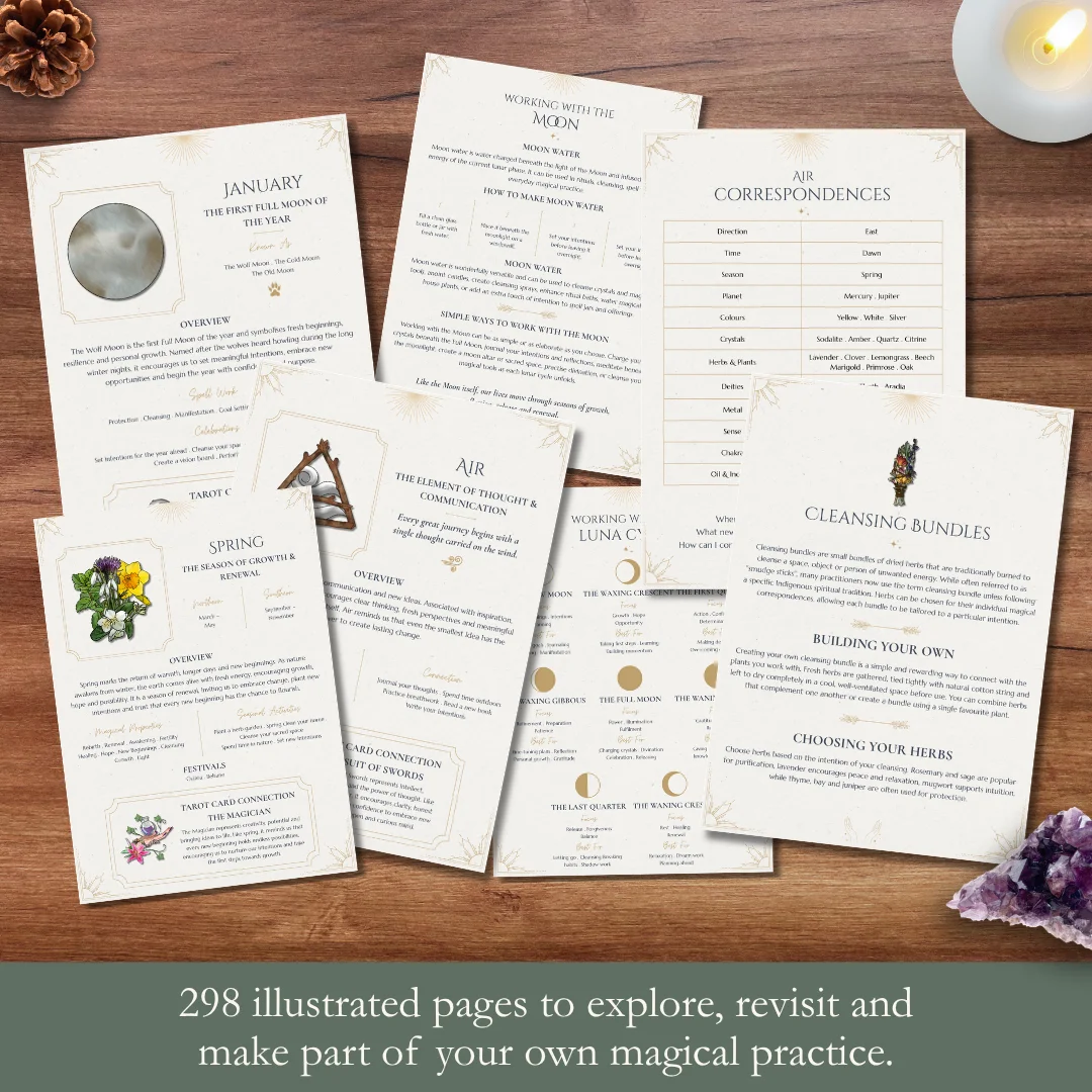 Preview of illustrated pages from A Curious Kind of Magic covering moon magic, seasonal correspondences, the elements and herbal practice.