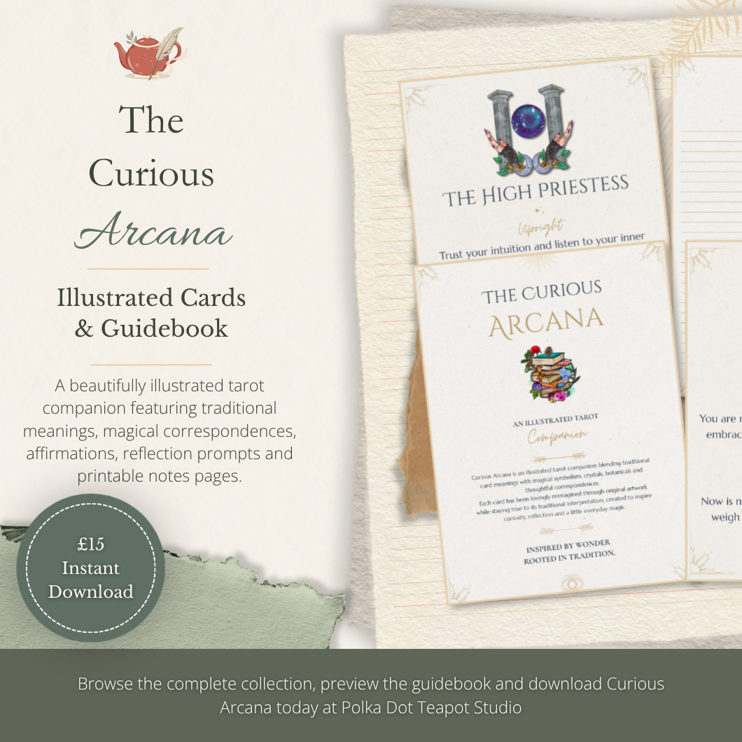 Preview of The Curious Arcana illustrated tarot guidebook and printable tarot information cards with magical correspondences, affirmations and Rider–Waite inspired symbolism.