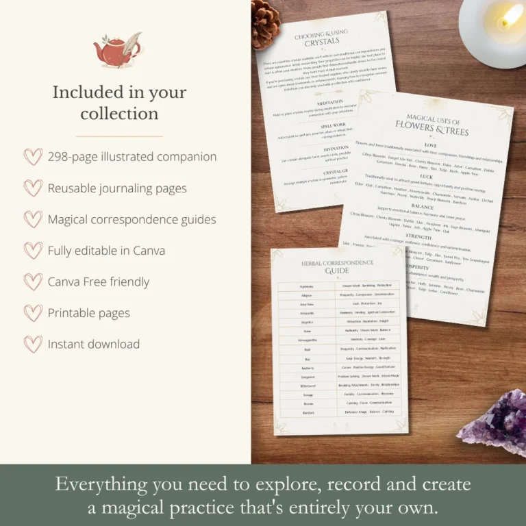 A Curious Kind of Magic collection with a 298-page illustrated companion, reusable journal pages, correspondence guides and editable Canva templates.