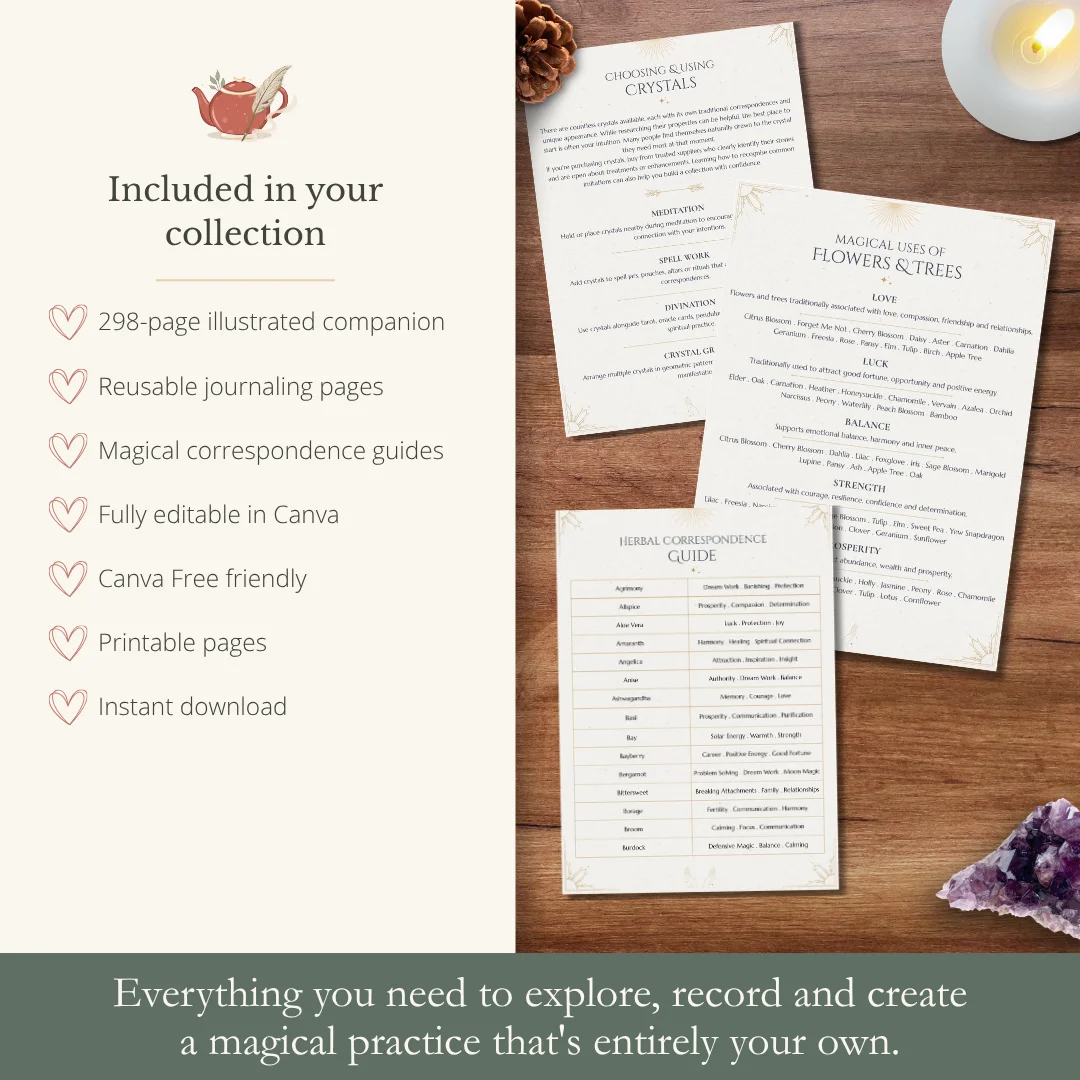 A Curious Kind of Magic collection with a 298-page illustrated companion, reusable journal pages, correspondence guides and editable Canva templates.